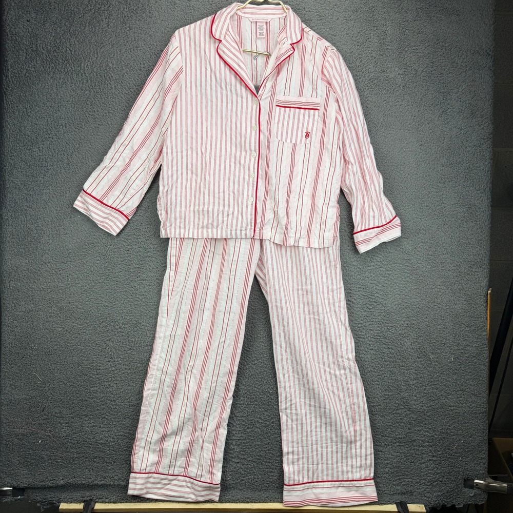 Victorias Secret Pajama Set XS Short Pink Red White Striped Metallic Lurex 2pc
